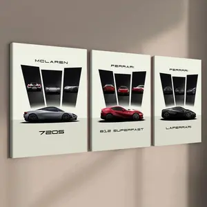 3-count wooden frame canvas, exquisite supercar art poster, cool male bedroom car decoration pattern, car collector, suitable for living room, corridor, office, home wall decoration, ideal gift
