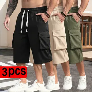 Set of 3 men’s multifunctional cargo shorts with pockets, featuring an adjustable drawstring waist and non-stretch fabric, suitable for summer outdoor activities and casual sports. run solid color work short loose breathable fit pack boy grey unisex basic