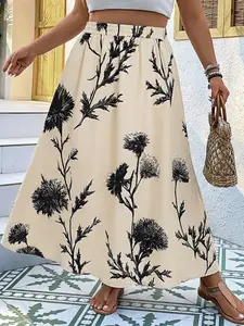 Plus Size Women's Ethnic Floral Print A-Line Skirt, Elastic Waist Flared Hem, Versatile, Chic and Elegant for Various and Occasions