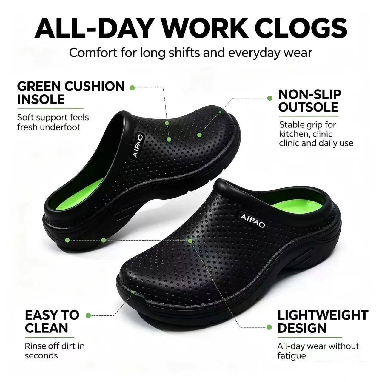 Non Slip Work Clogs for Men & Women, Waterproof Breathable Chef Nursing Shoes with Arch Support & Cushion Insole, Easy Clean Slip Resistant Footwear for Kitchen Hospital All Day Standing Work