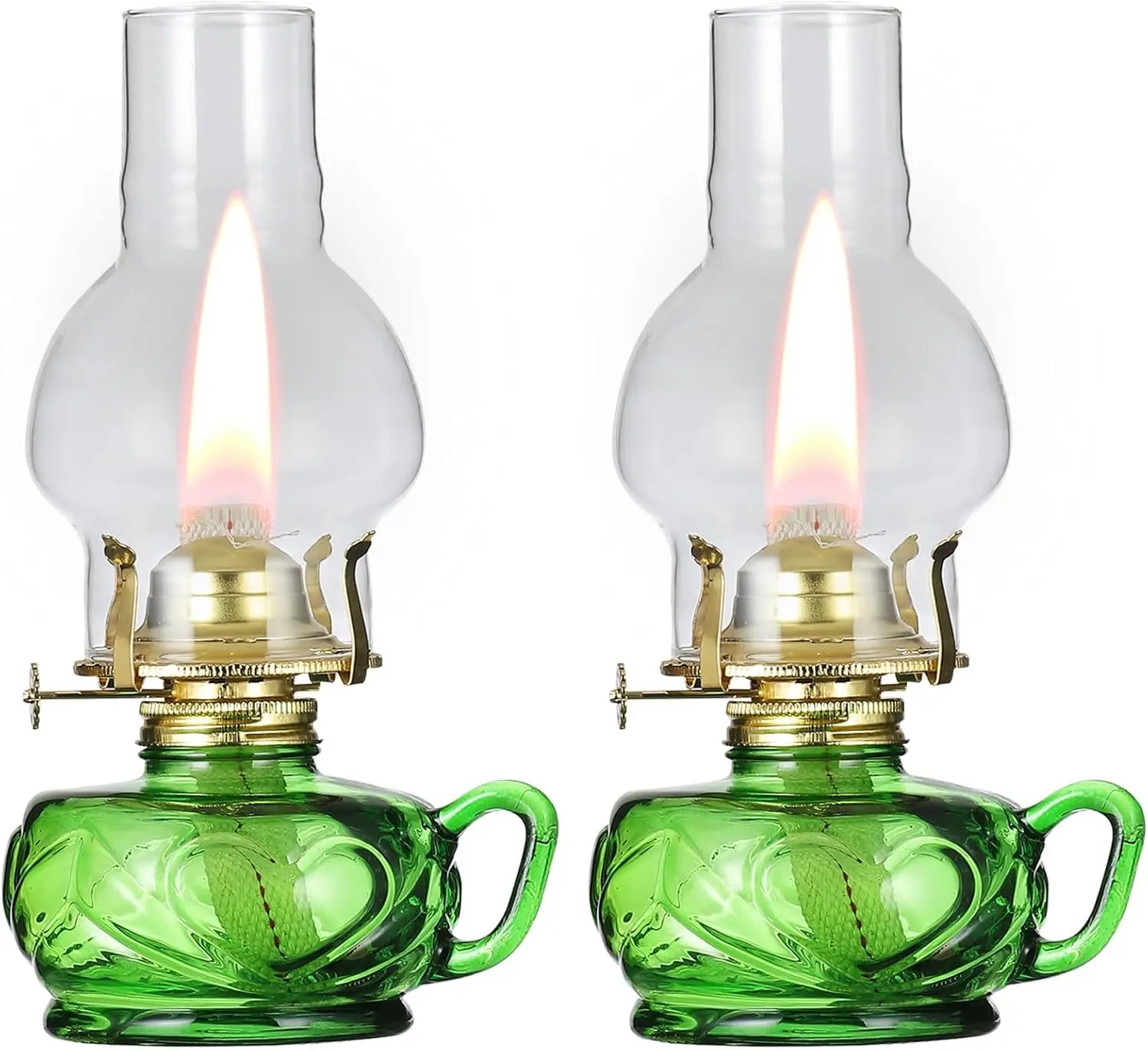 2 Pcs Vintage Large Oil Lamp with Handle Antique Green Glass Kerosene Lamp Lantern Chamber Oil Lamps for Indoor Use Home Decor Classic Old Hurricane Lamp for Emergency Lighting