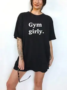 Oversized, Baggy "Gym Girly" Letter Graphic T-Shirt for Women, Soft Breathable Lightweight Casual Tee, Y2K Aesthetic Streetwear Gym Lounge Outfit, Fitness Girl Fashion Top for Summer Spring Vacation Street Style Comfortable Loose Casual Wear