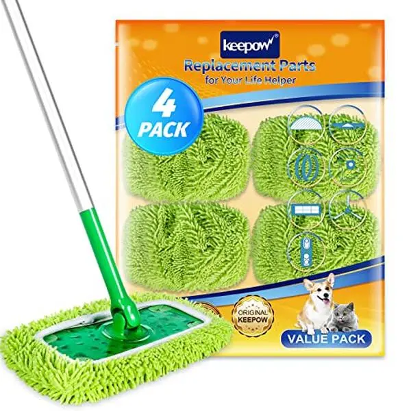 KEEPOW High Quality Mop Head Refills, 4-Pack 10.5x4.5" Sturdy Swiffer Sweeper Compatible Wet/Dry Water-Absorbing Machine-Washable Sweeper Attachments for Deep Cleaning (Mop Not Included)