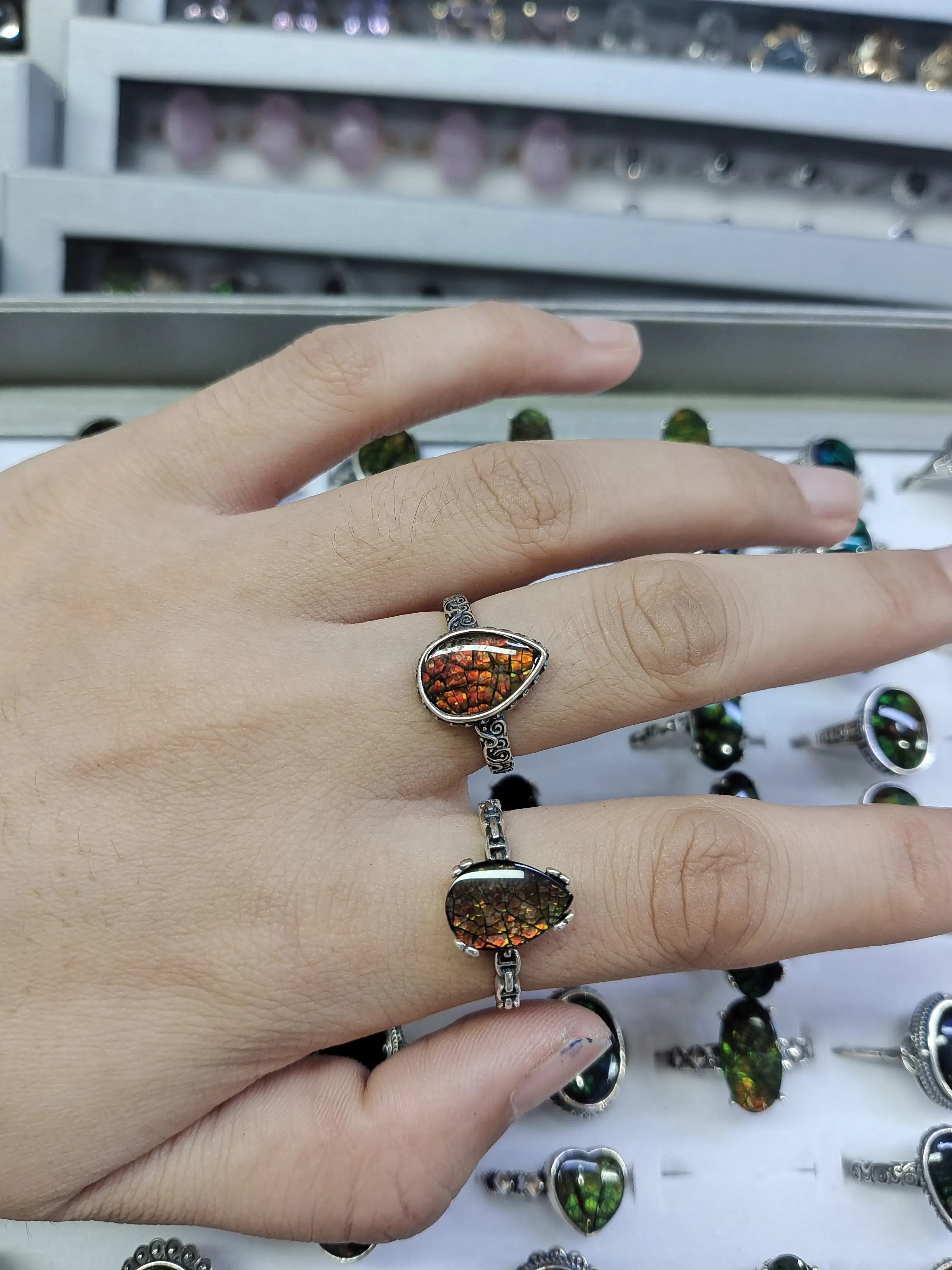 Ina(21822)gc.Genuine silver ring with natural ammolite, stunning iridescent color‑shifting teardrop gemstone.