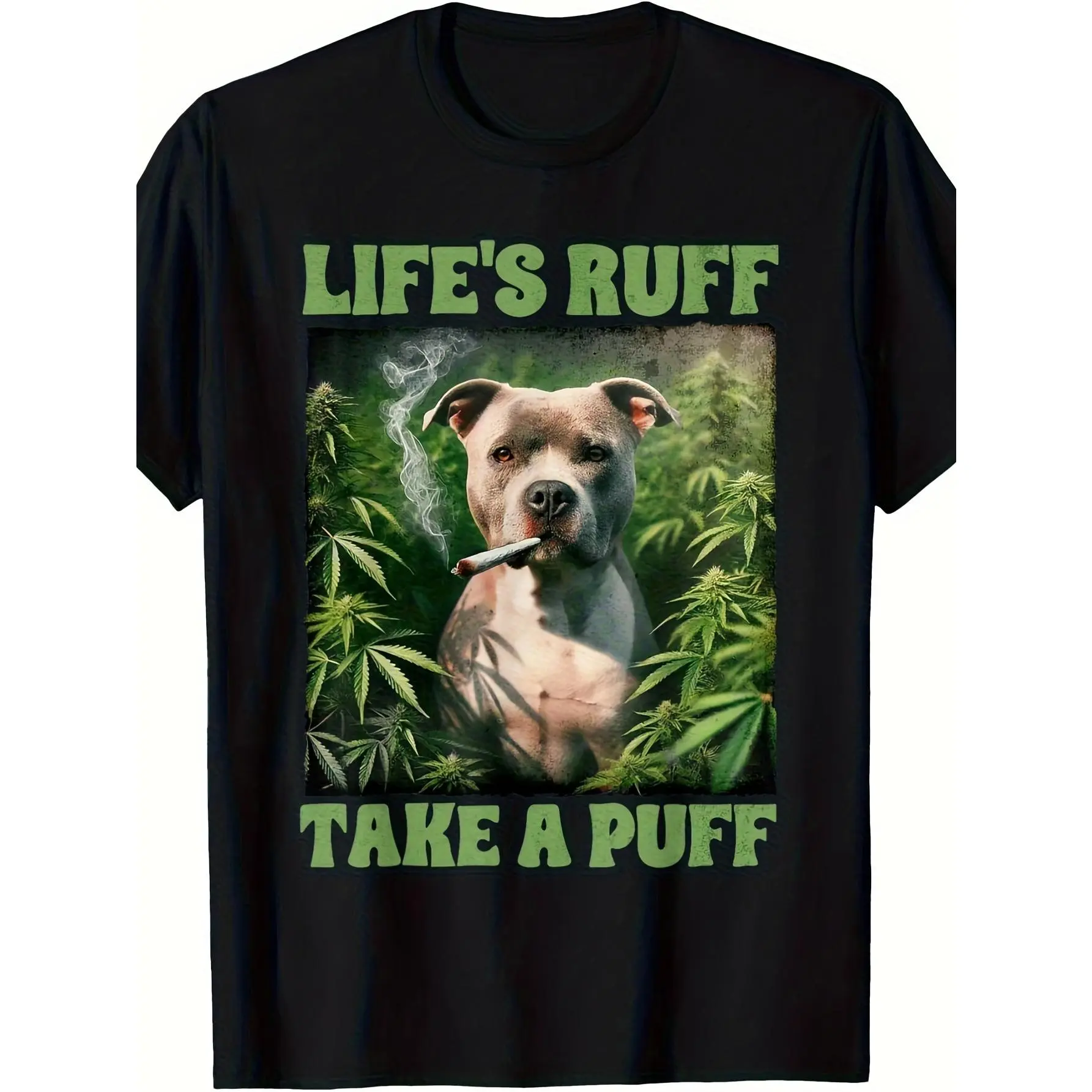 Men's Round Neck Graphic T-Shirt - Short Sleeve (Shortsleeve), Thick Soft Pure Cotton, Breathable, Classic, Casual Fit, Relaxed Cut, Vintage Chic Preppy Korean Streetwear Top with 'Life's Ruff' Bulldog Design, Year-Round Wear