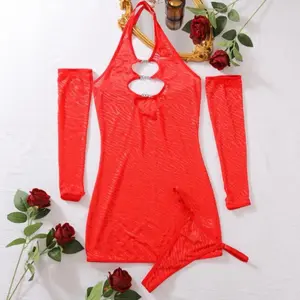 Petals Red Mesh Thong Babydoll Nighty with One Pair of Sleeves for Womenswear