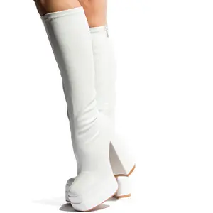 Amy- White- Chunky heel double platform knee high boot