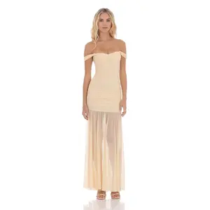 Mesh Off Shoulder Ruched Maxi Dress in Beige