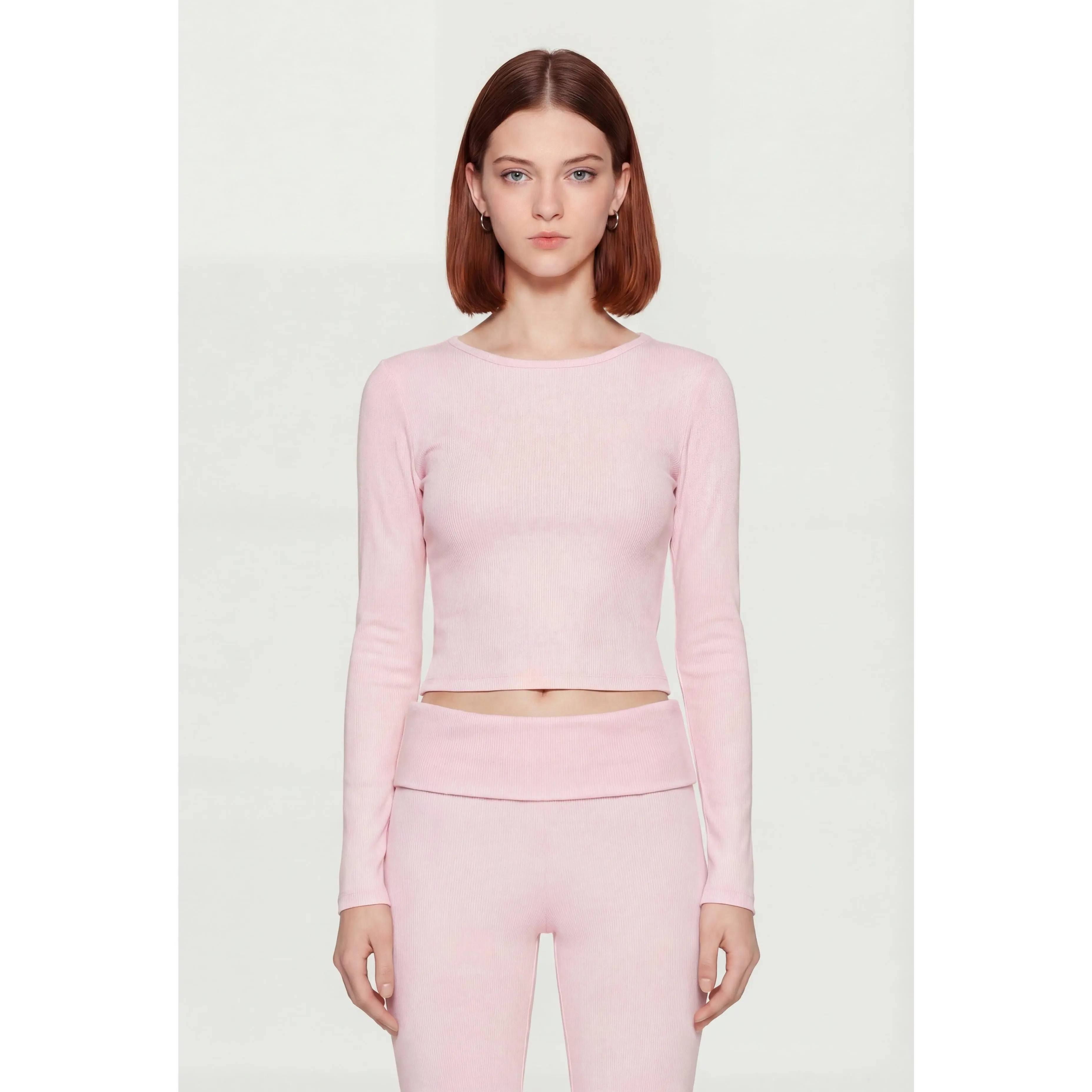 Rib Knit Long Sleeve Crew Neck Crop Top
