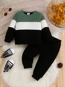 Men's & Women's Casual Patchwork Colorblock Thick Warm Long Sleeve Round Neck Sweatshirt Pants Set, Fall Winter Fashion Clothes Co Ord Set