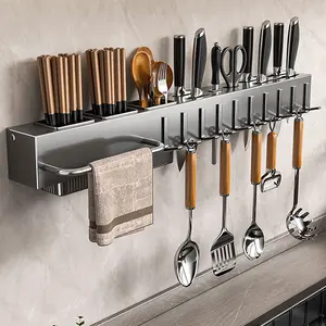 Multifunctional Kitchen Storage Rack, Wall-Mounted No-Drill Knife Holder, Chopstick and Knife Organizer, Home Utensil Storage Rack