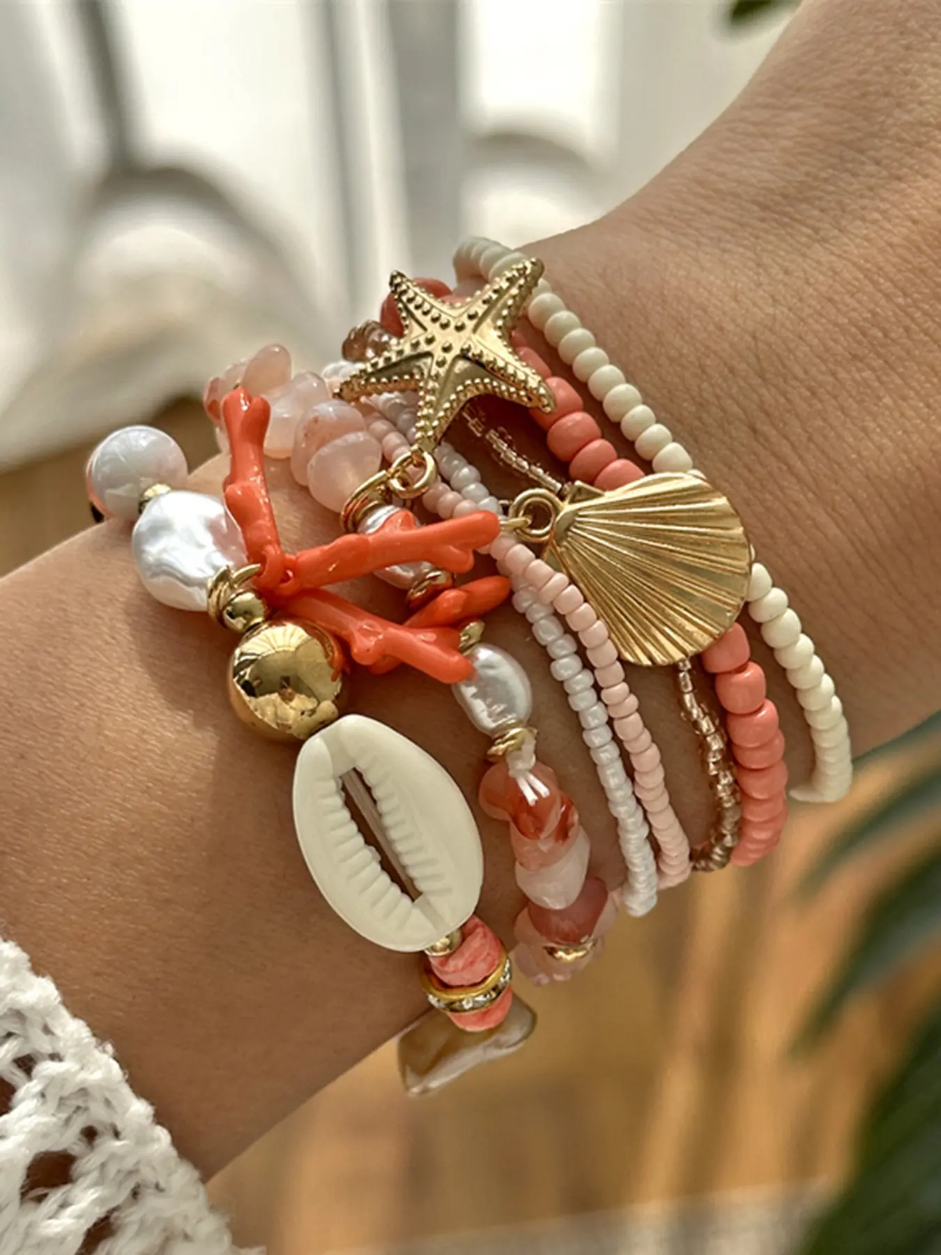 Women's Summer Beach Vacation Style Coral Sea Star Shell Multi-Layer Bracelet Set, Bracelet Bundle, Fashionable Jewelry Accessory for Women, Boho Style Bangles, Bohemian Bracelets