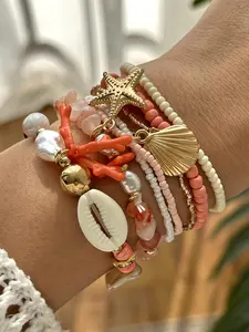 Women's Summer Beach Vacation Style Coral Sea Star Shell Multi-Layer Bracelet Set, Fashionable Jewelry Accessory for Women