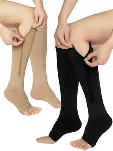 Walking Support Socks 15-20mmHg Open-Toe Zipper Stockings 2 Pairs for Easy Calf Compression Men Women Breathable Everyday Leg Health