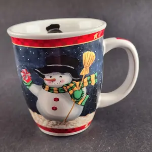 Snowman Ceramic Christmas Mug Night Scene Red Trim Hot Chocolate Cup 4.25" Vtg