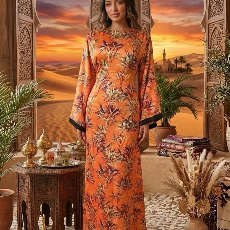Women's Modest Islamic Silk Butterfly Kaftan Dress - Elegant Printed Long Design, Premium Fabric, Versatile for Formal & Casual Wear, Fashionable Style