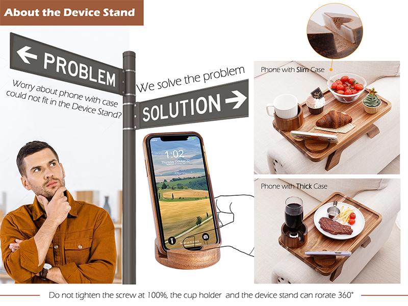 Couch Cup Holder Tray, 3 in 1 Large 15.36"x9.85" Acacia Wood Sofa Arm Clip on Tray Table with 360°Rotated Phone Holder on Armrest