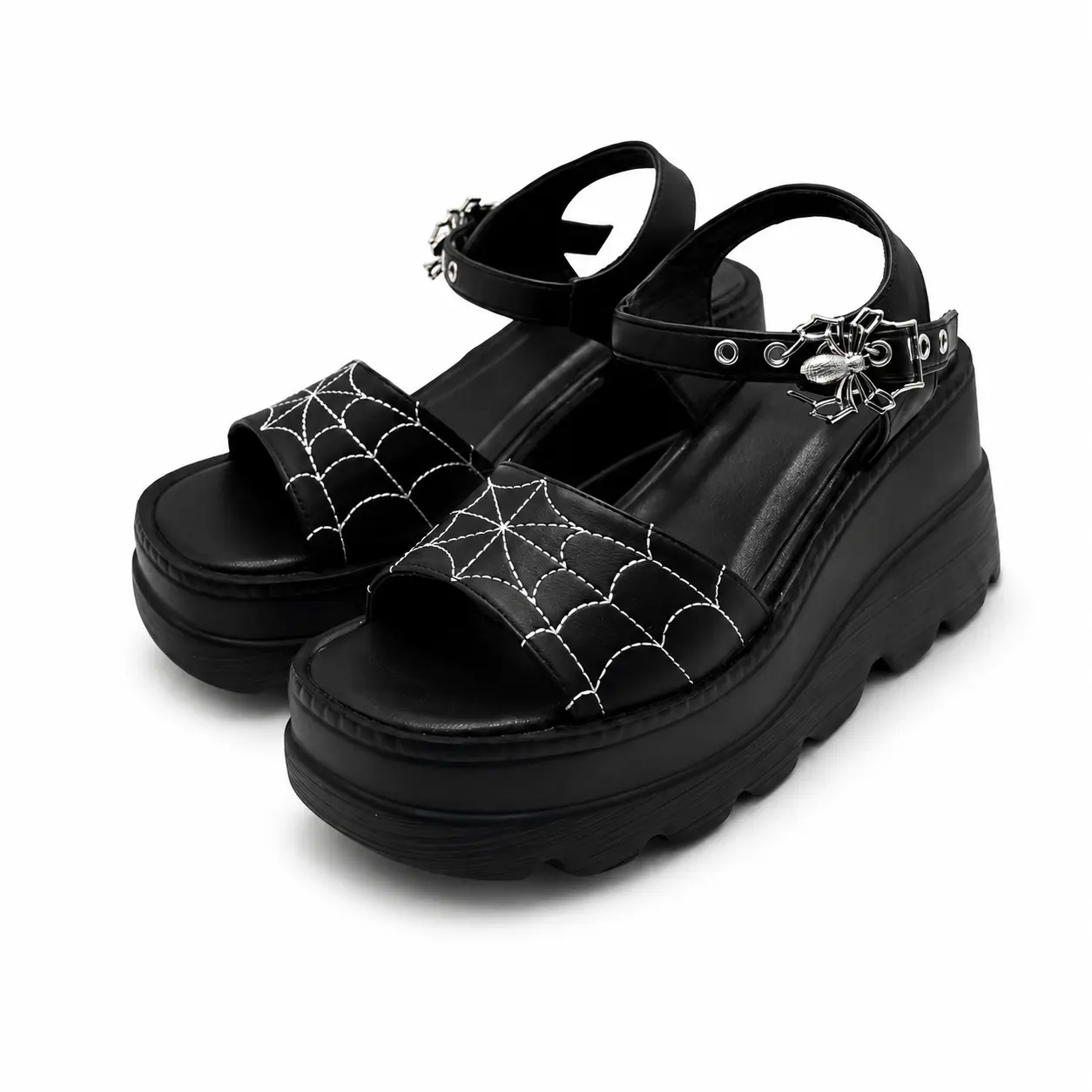 Women's Summer New Gothic Chunky Sole Flatform Platform Sandals - Punk Hot Girl Style, Spider Web Embroidery, Spider Buckle, Waterproof Rubber Footwear, Chunky Sole Sandals, Water Proof, Walking Shoes, Peep Toe