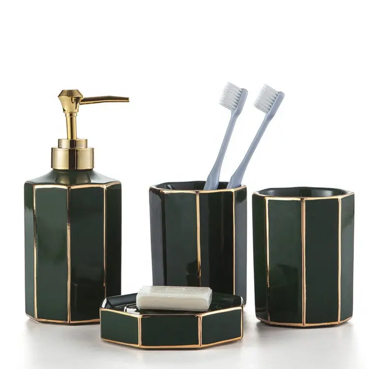 Watson 3-Piece Octagon Ceramic Bathroom Accessory Set - Freestanding, Gold Accents, Emerald Green/Pink, Soap Dispenser, Toothbrush Holder, Soap Dish for Modern Bathrooms & Everyday Use