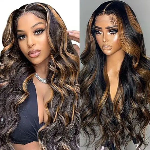 Aliglossy 13X6 Highlight Balayage Ombre Body Wave Lace Front Wig HD Transparent Highlight Lace Frontal Human Hair Wigs For Women Pre Colored Wavy Lace Front Wig
