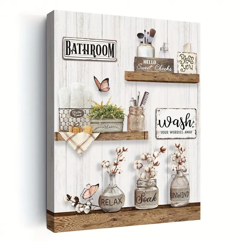 1 Piece Country Style Bathroom Wall Decorative Painting - Wooden Frame Canvas Print with Floral and Butterfly Patterns, Ready to Hang 11.8"x15.7" Country Style Decoration, Suitable for Bathroom, Home Office, Living Room - "Bathing Relaxation Swimming" 2D