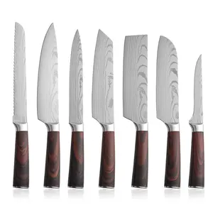 7-5Piece Damascus Laser-Carved Kitchen Knife Set with Wooden-Handled Cutlery Combo for Home Use - Slicing & Chopping Bone-Cutting Set for Chefs
