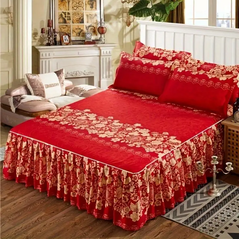 Floral Print Ruffle Trim Bed Skirt & Pillowcase Set, 3 Counts/set Soft Comfortable Breathable Bedding Set, Multiple Sizes Bedroom Accessories, Machine