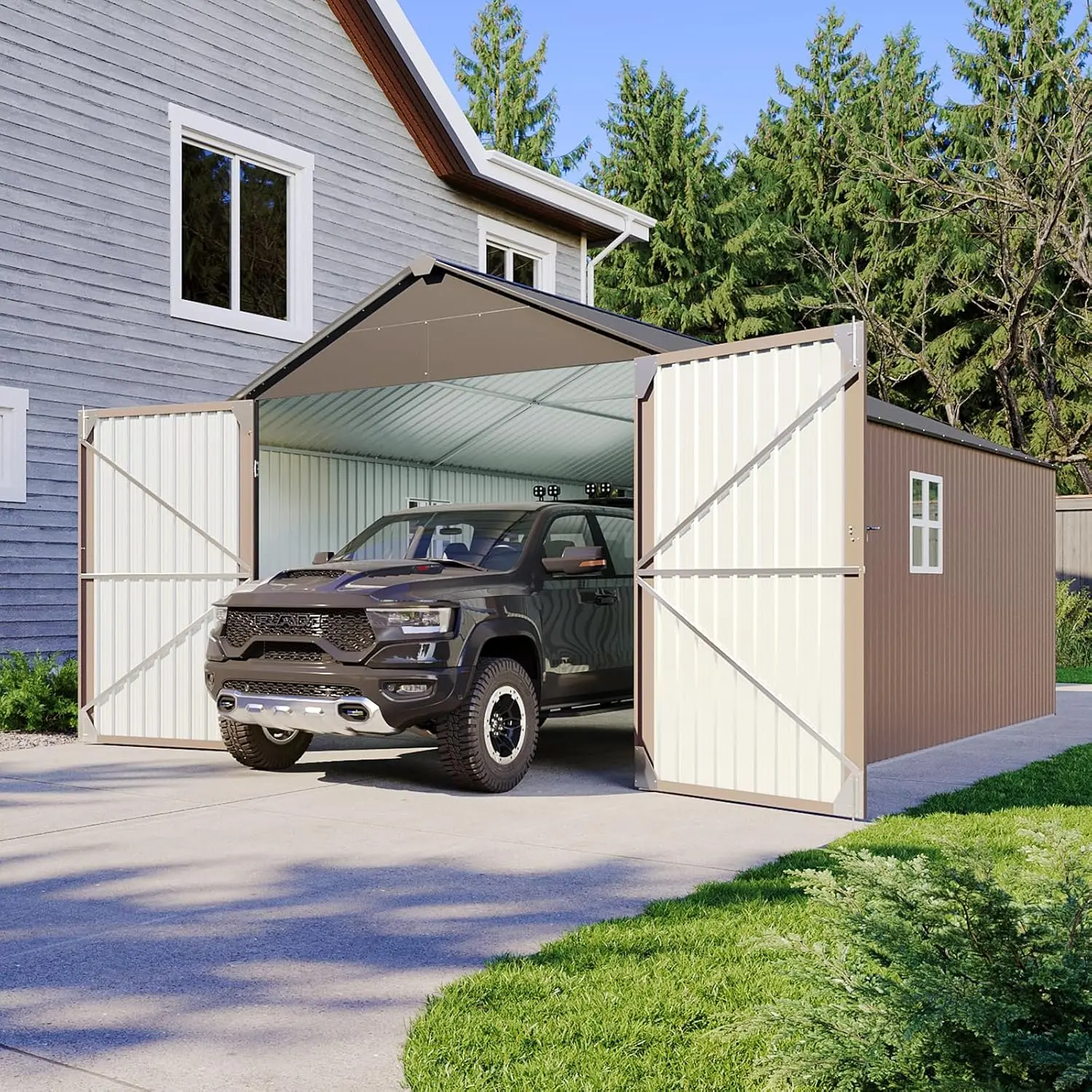 Aoxun Outdoor Metal Storage Shed, Weatherproof Garden Tool Shed with Large Lockable Double Hinged Doors and Sloped Roof, Heavy Duty Utility Storage Shed for Backyard, Patio, Lawn and Garden, Brown