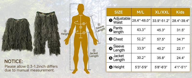 MOPHOTO 5 in 1 Ghillie Suit, 3D Camouflage Hunting Apparel Including Jacket, Pants, Hood, Carry Bag Suitable for Unisex Adults/Youth (S/M/L)