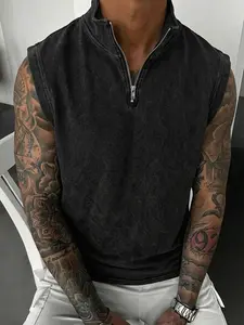 Summer Men's Washed Vintage Half-Zip Vest, Casual Fashion Backless Design, Perfect for Daily Wear & Outdoor Activities, Menswear