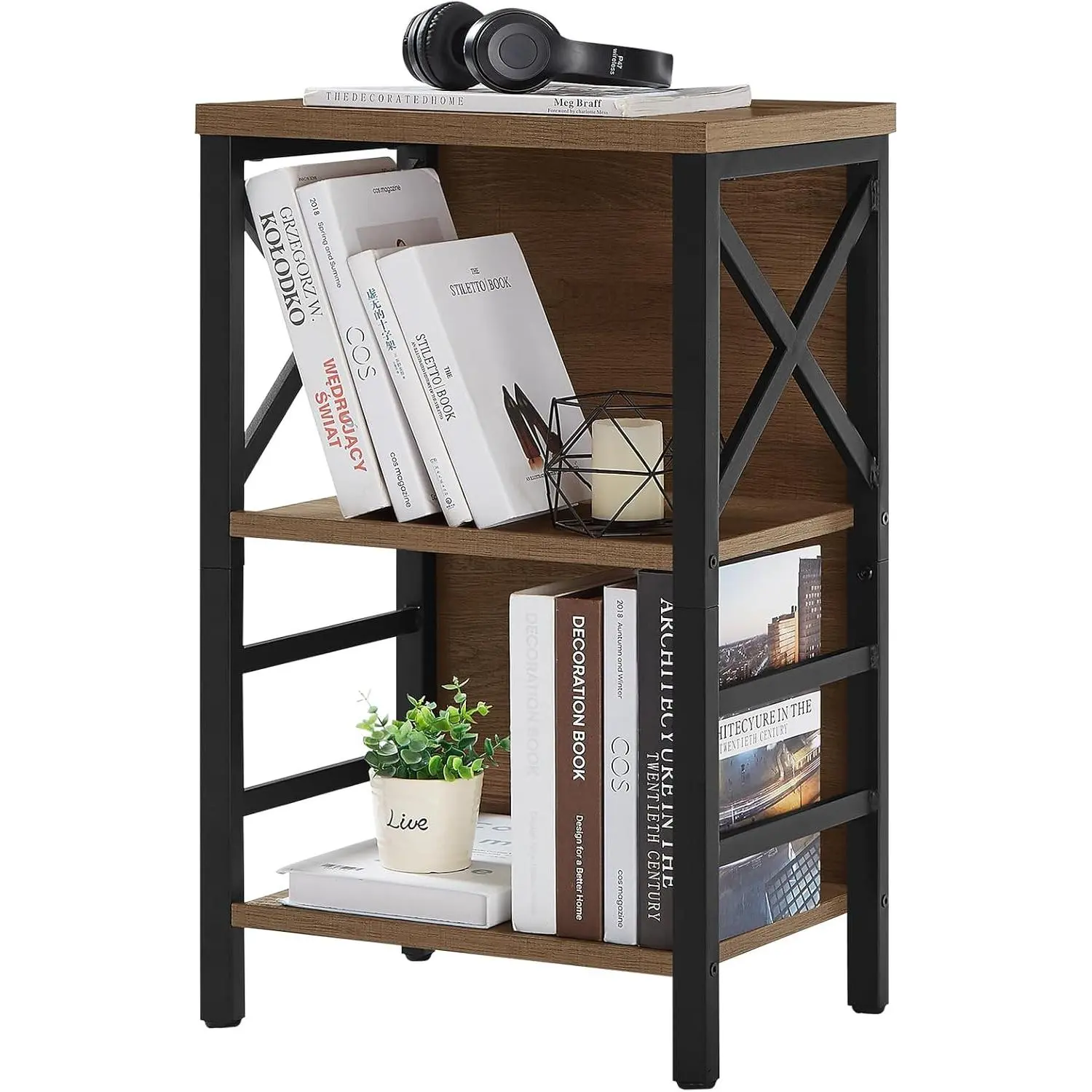 Small Bookshelf,3 Tier Industrial Bookcase with Metal Frame and Backboard,Low Rustic Brown Book Shelf,Book case for Small Spaces,Living Room,Bedroom and  Office