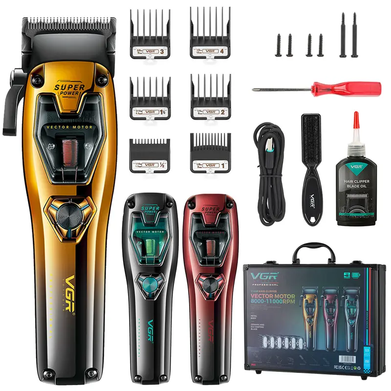 VGR V-668 Professional Men's Hair Trimmers & Clippers - 8000-11000 RPM Vector Motor, 2500mAh USB-Charging Lithium-Ion, Ceramic & DLC Blades, 5-Level Taper Lever, Metal Covers, Hypoallergenic Barber Kit for Home Grooming Clean-Up, High Taper Styling