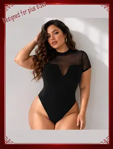 Women's Short Sleeve Bodysuit, Turtleneck Mesh One Piece Leotard, Slim & Fitted, Figure Flattering Going Out Tops, Date Outfits