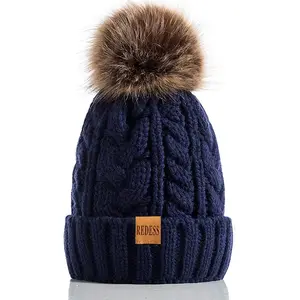 REDESS Women Winter Pompom Beanie Hat with Warm Fleece Lined, Thick Slouchy Knit Skull Ski Cap-Navy REDESS
