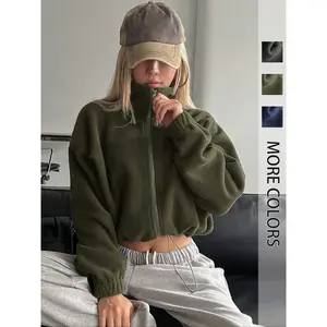 Women’s solid-color corduroy drop-shoulder zip-up cropped jacket with drawstring, casual long sleeves and stand collar outerwear for spring and fall, ladies’ clothing for daily wear