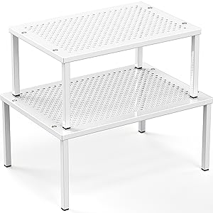 Expandable Stackable Kitchen Counter Shelf Organizer, White, Metal Top, 11.25"L x 7.9"W x 5.4"H