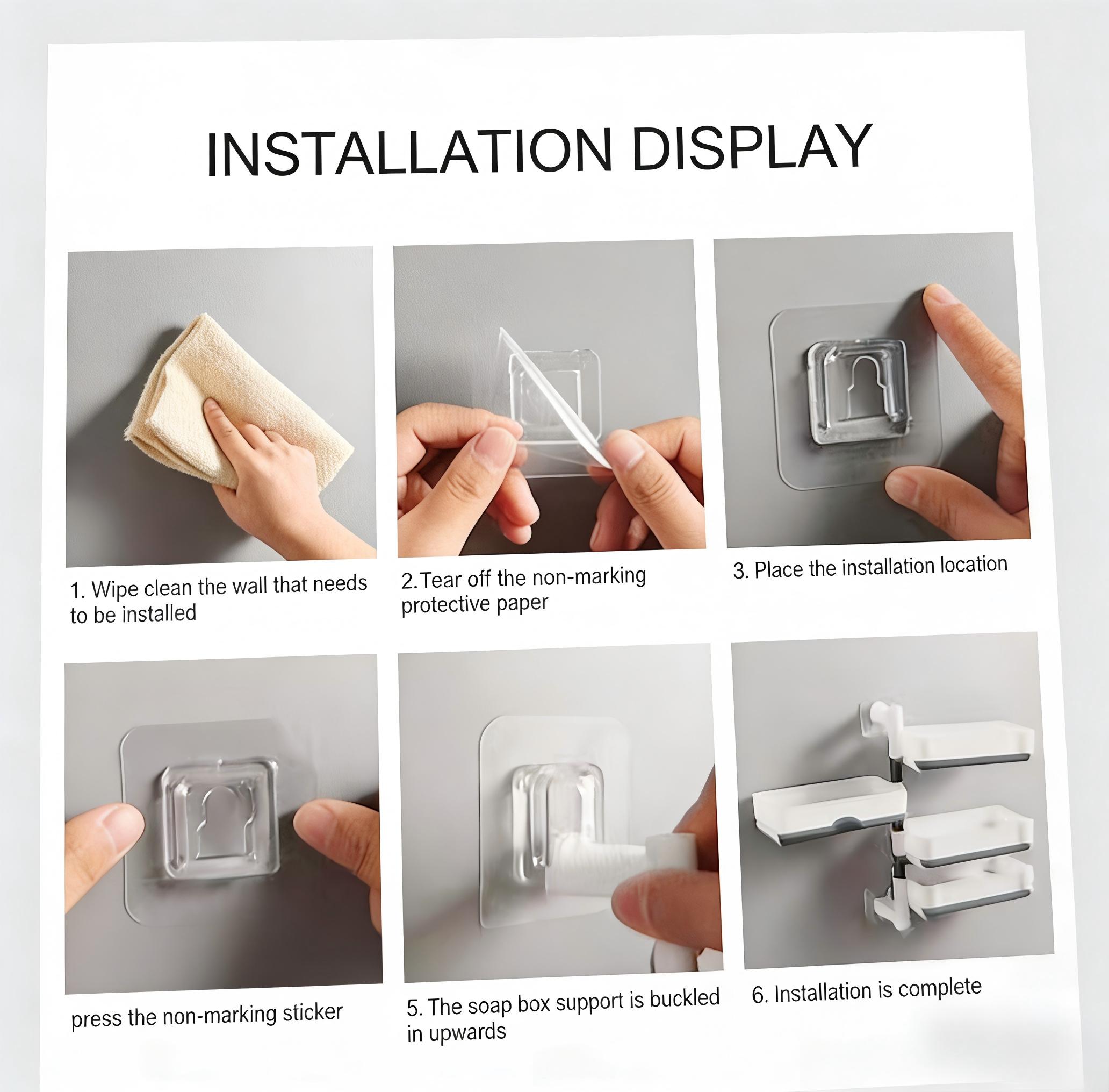 Three-tier wall-mounted, no-drill soap holder, 180-degree rotating, with soap drain tray, bathroom soap rack, toiletries storage shelf.