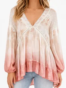 Women's Cream to Blush Ombré Boho Blouse – V-Neck Flowy Long Sleeve Tunic Top