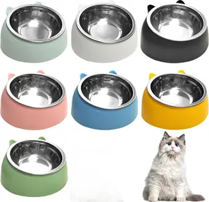 Raised cat food bowl made of stainless steel with tilted feeding design, suitable for feeding kittens. 15° elevated pet dishes are designed for kittens and small dogs, featuring a non-slip removable stainless steel bowl with a sloped base.