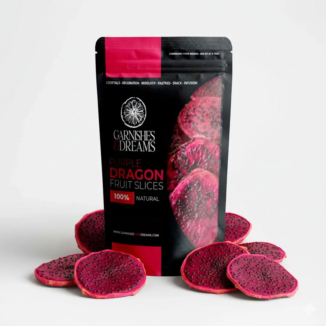 Garnishes & Dreams Dehydrated & Dried Purple Dragon Fruit Slices – Vibrant Pitaya for Cocktails, Mixology, Desserts & Baking, Natural Edible Garnish, Antioxidant Superfood