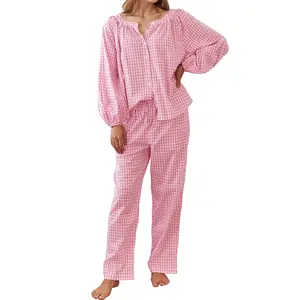 Womens Gingham Pajama Set, 2 Piece Cotton Pajamas Homewear, Cozy Nightwear Plaid Pjs, Long Sleeve Button Top Straight Leg Pants Loungewear, Comfort Lounge Set, Pyjamas Womenswear