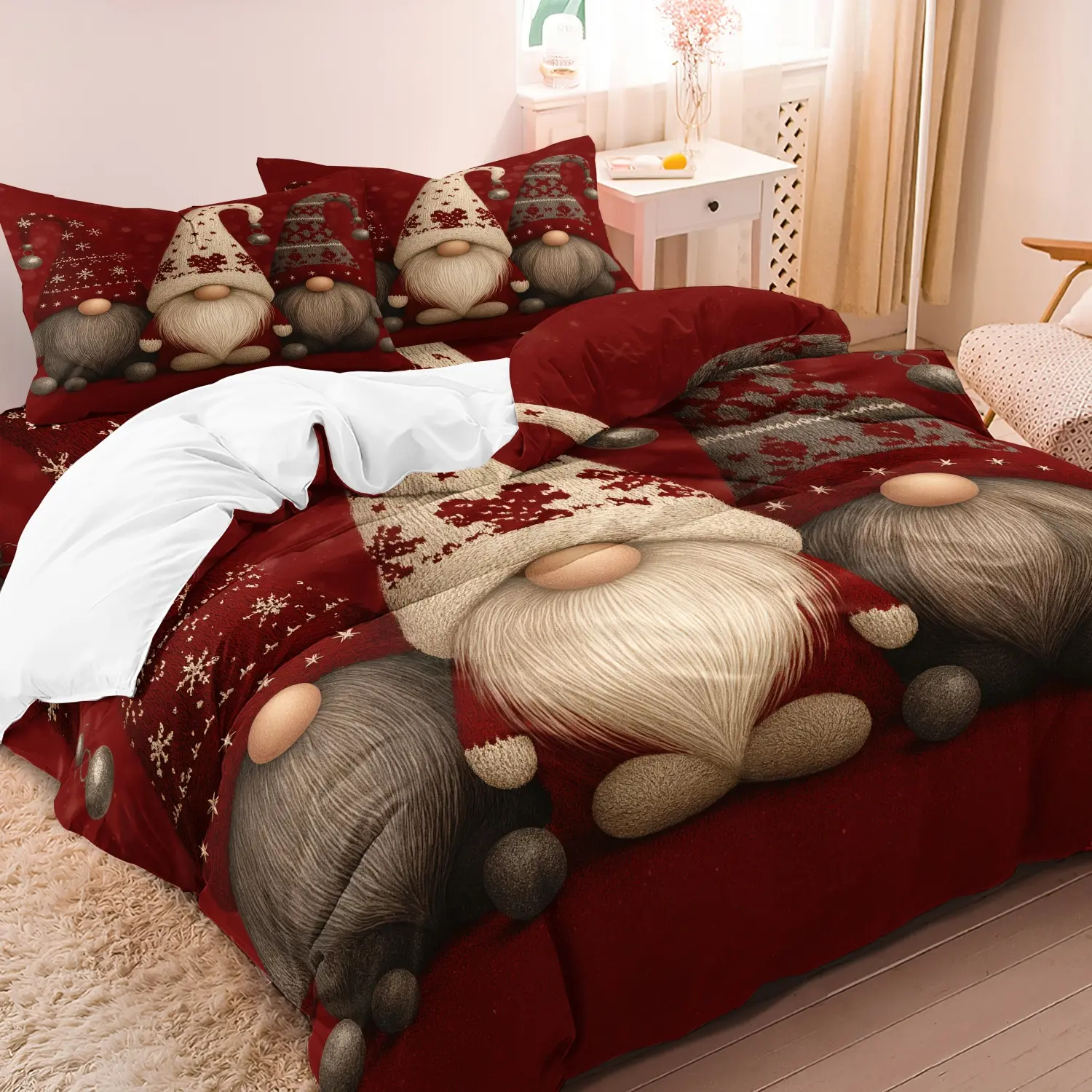 Christmas & Dwarf Pattern Digital Print Bedding Set, 3-Piece (1 Fitted Sheet + 2 Pillowcases), Polyester Fiber 90g