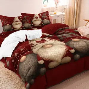 Christmas & Dwarf Pattern Digital Print Bedding Set, 3-Piece (1 Fitted Sheet + 2 Pillowcases), Polyester Fiber 90g