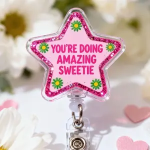 Pink Glitter Star Badge Reel, Nurse ID Holder
