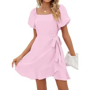 Sampeel Womens Summer Dresses Square Neck Puff Sleeve Tie Waist Short Dress