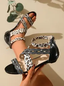Women's Flat Sandals, New Summer Collection, Rhinestone Decor, Vintage Cross Strap, Open Toe, French Style, Casual Footwear