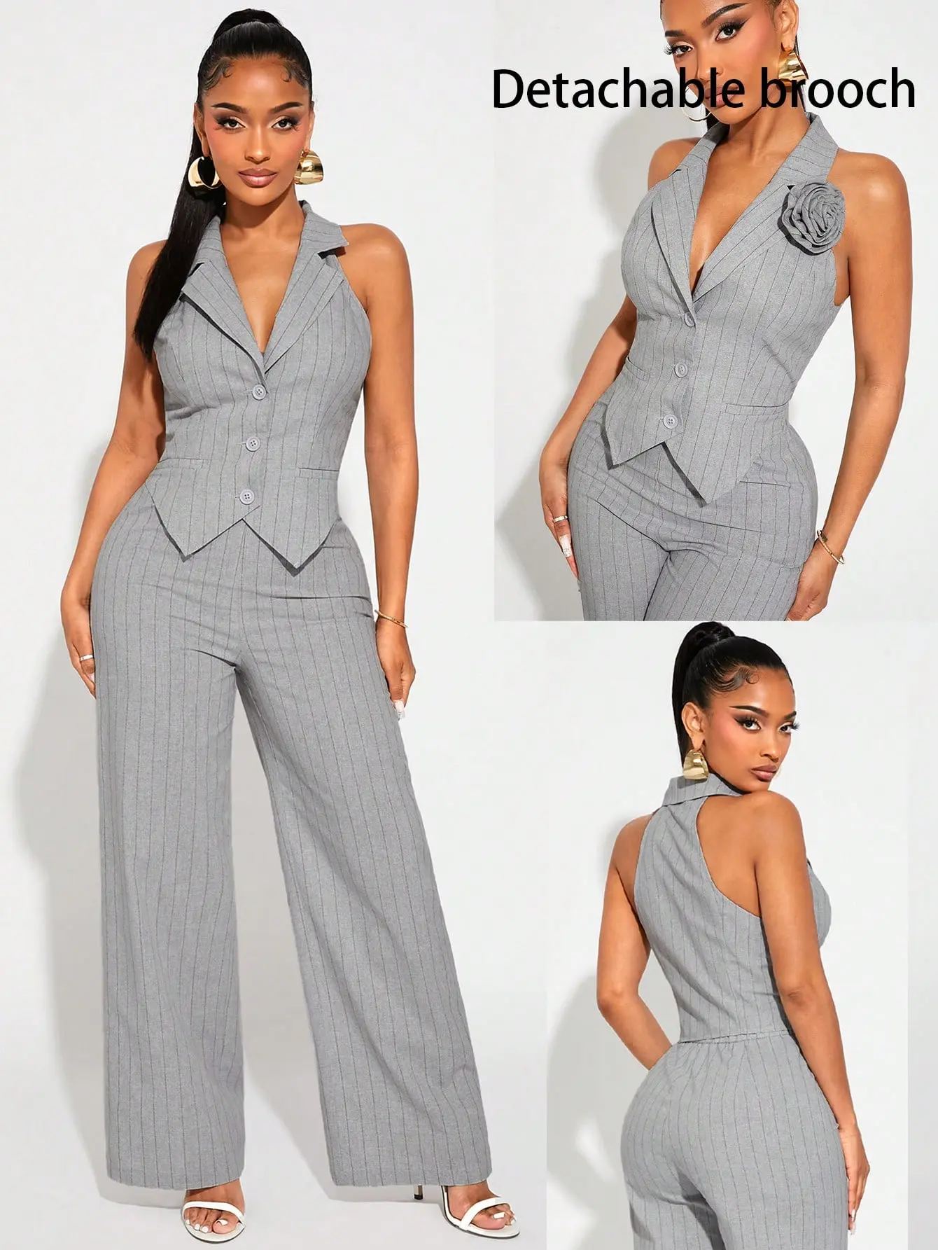 Women’s light gray vertical striped suit-style jumpsuit, halter neck, sleeveless, removable brooch, high-waisted wide-leg commuter elegant long pants
