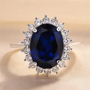 Effinny 4.0ct Oval Cut Luxurious Halo Blue Stone Engagement Ring In Sterling Silver, 5A Grade Cubic Zirconia Promise Ring for Women