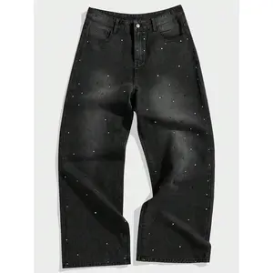 （ Five-star review）Men's Loose Fitting Rhinestone Embellished Dark Grey Washed Jeans,Streetwear Men Party Clothes