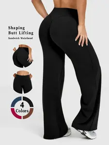 Women's Solid Color Slimming Yoga Wide Leg Pants, High Waisted Athletic, Summer Spring, Sweat-Wicking Breathable Fabric, Outdoor Running Gym Wear, Fit For Workout